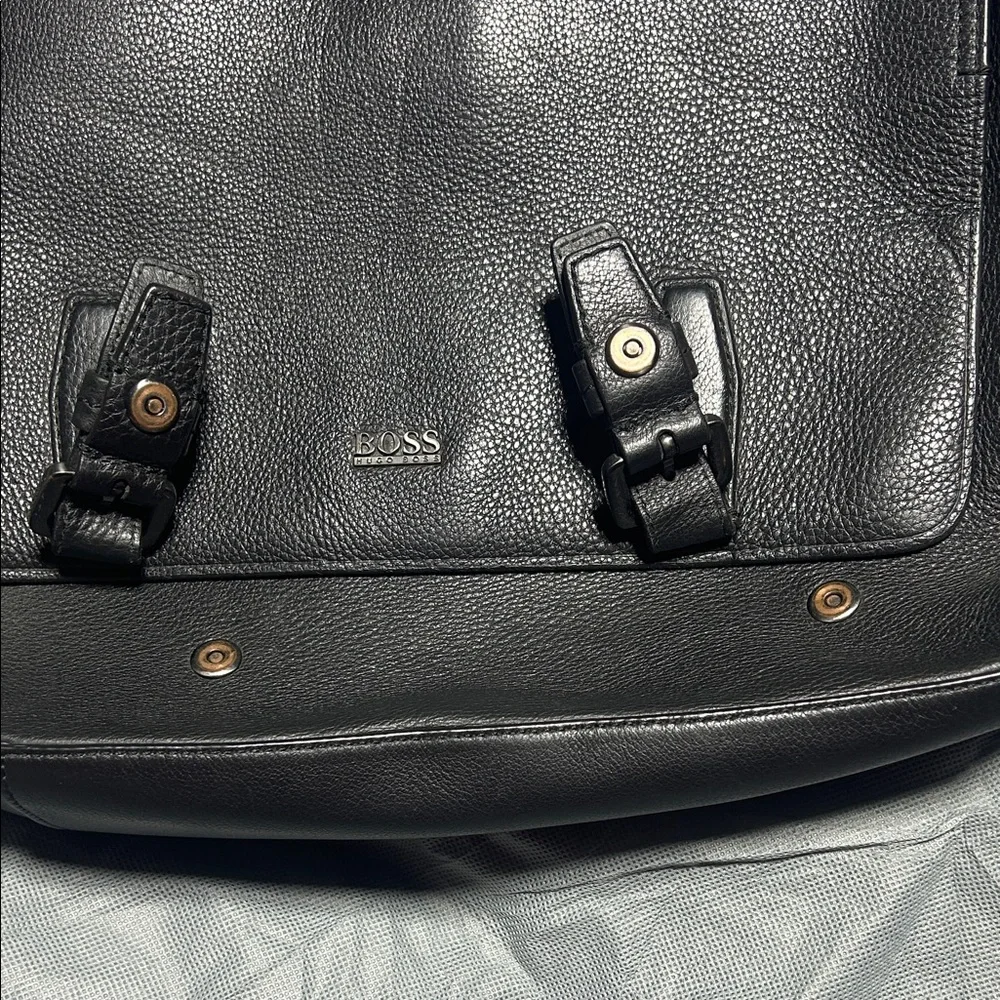 Boss Hugo Boss Black Leather Messenger Bag with Adjustable Strap